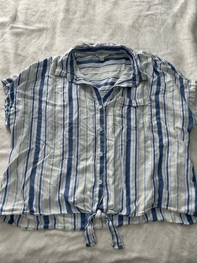 beachlunchlounge Blue, White & Light Green Striped Button-Down Tie-Front Shirt